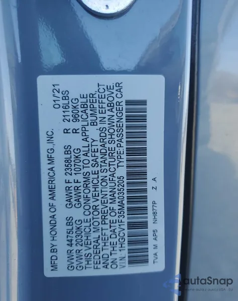 2021 Honda Accord Sport from USA, damaged, VIN 1HGCV1F35MA035205
